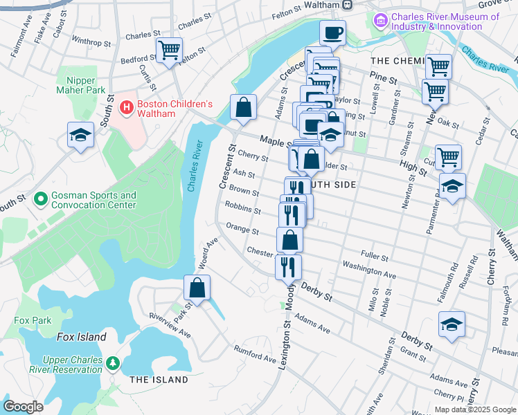 map of restaurants, bars, coffee shops, grocery stores, and more near 55 Robbins Street in Waltham