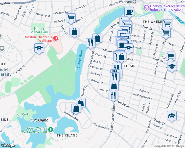 map of restaurants, bars, coffee shops, grocery stores, and more near 22 Orange Street in Waltham