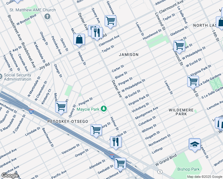 map of restaurants, bars, coffee shops, grocery stores, and more near 3750 West Philadelphia Street in Detroit