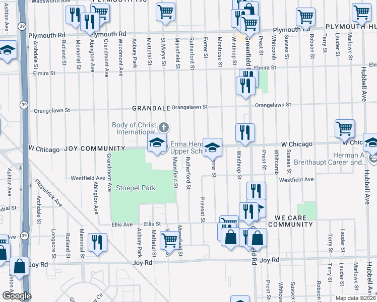map of restaurants, bars, coffee shops, grocery stores, and more near 9358 Rutherford Street in Detroit