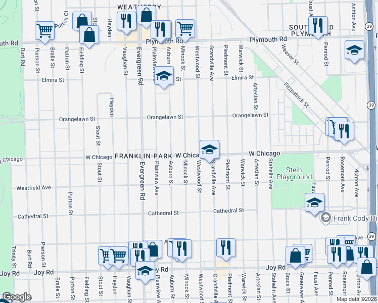 map of restaurants, bars, coffee shops, grocery stores, and more near 19439 West Chicago in Detroit