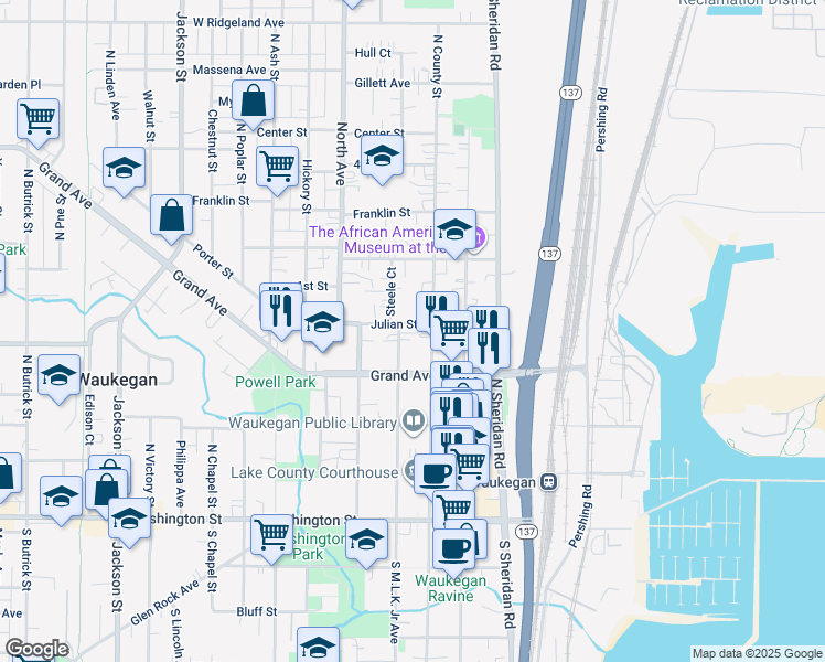 map of restaurants, bars, coffee shops, grocery stores, and more near 326 North Martin Luther King Junior Avenue in Waukegan