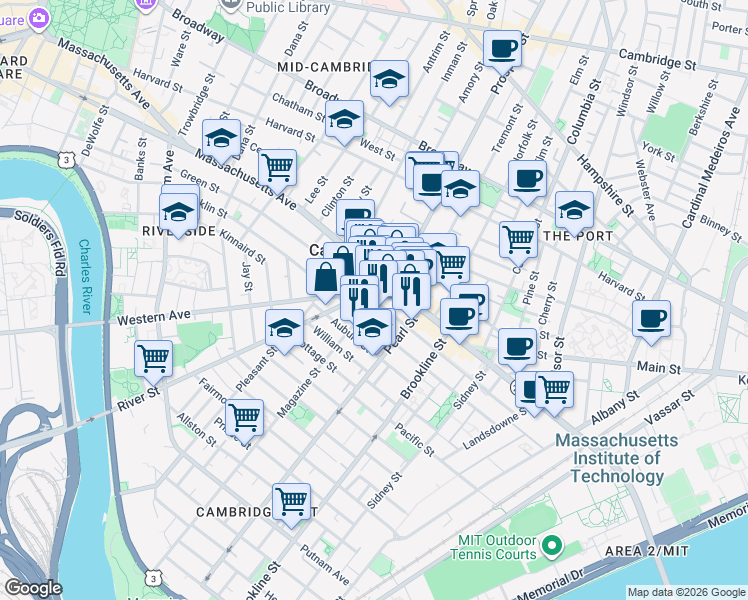 map of restaurants, bars, coffee shops, grocery stores, and more near Green St & Magazine St in Cambridge