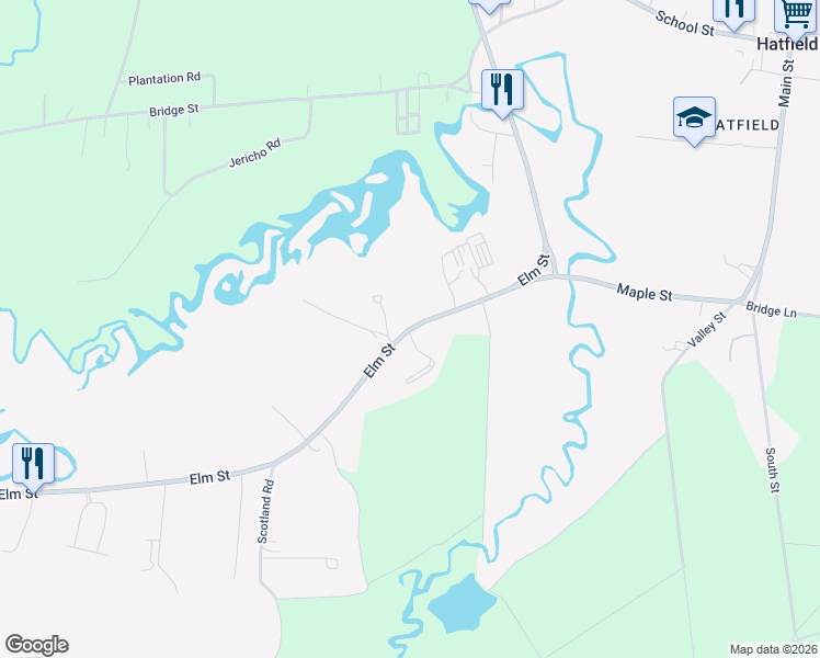 map of restaurants, bars, coffee shops, grocery stores, and more near 27 Elm Street in Hatfield