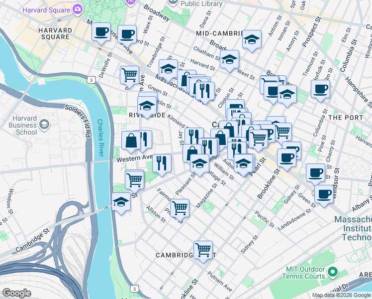 map of restaurants, bars, coffee shops, grocery stores, and more near 13 Kinnaird Street in Cambridge