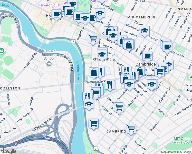 map of restaurants, bars, coffee shops, grocery stores, and more near 336 Western Avenue in Cambridge