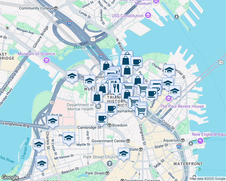 map of restaurants, bars, coffee shops, grocery stores, and more near 109 Causeway Street in Boston