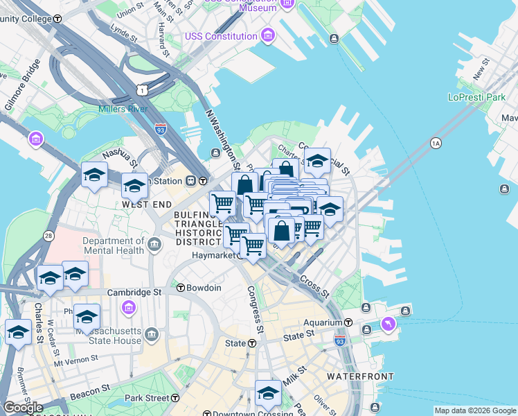 map of restaurants, bars, coffee shops, grocery stores, and more near 145 Endicott Street in Boston