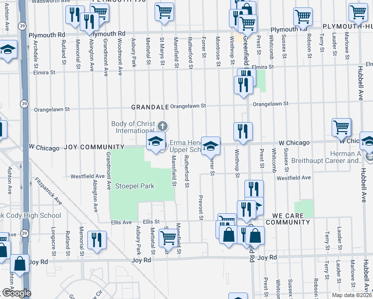 map of restaurants, bars, coffee shops, grocery stores, and more near 9358 Rutherford Street in Detroit
