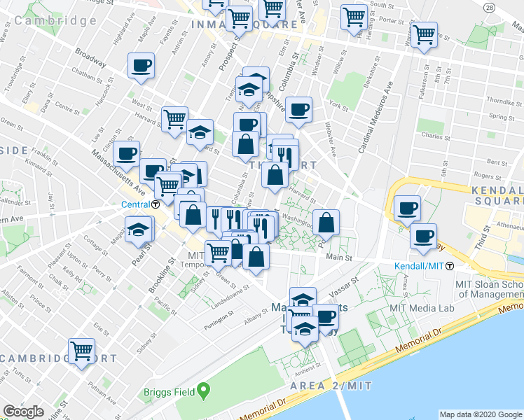 map of restaurants, bars, coffee shops, grocery stores, and more near Washington Street & Cherry Street in Cambridge