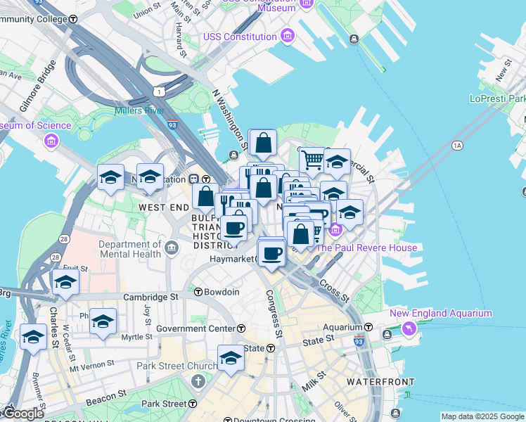 map of restaurants, bars, coffee shops, grocery stores, and more near 77 North Washington Street in Boston