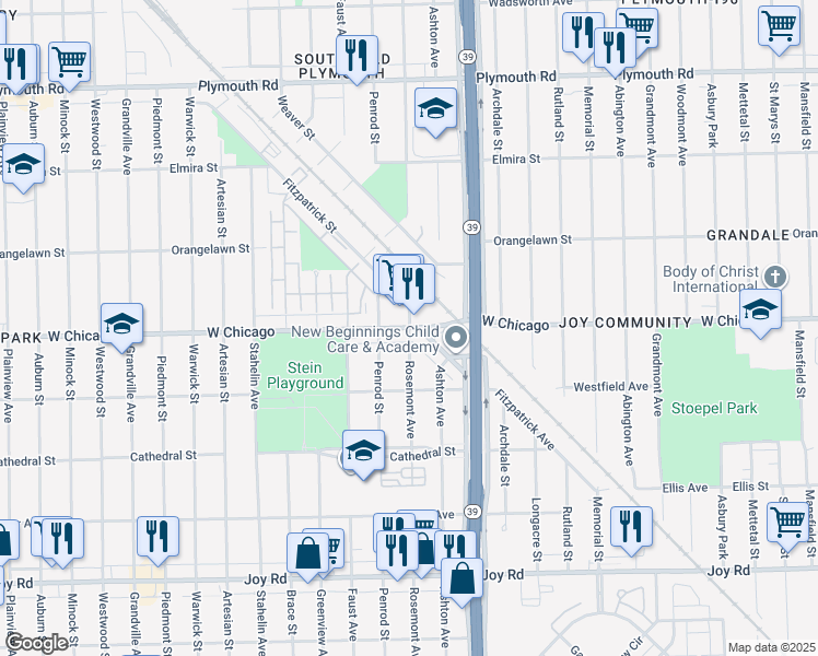 map of restaurants, bars, coffee shops, grocery stores, and more near 18251 Fitzpatrick Street in Detroit