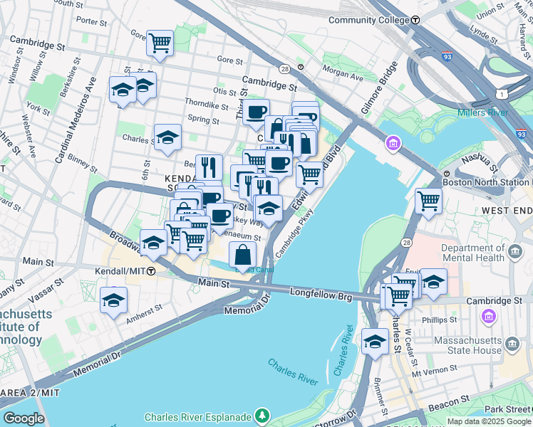 map of restaurants, bars, coffee shops, grocery stores, and more near 50 Binney Street in Cambridge