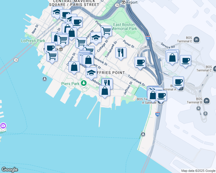 map of restaurants, bars, coffee shops, grocery stores, and more near 233 Webster Street in Boston