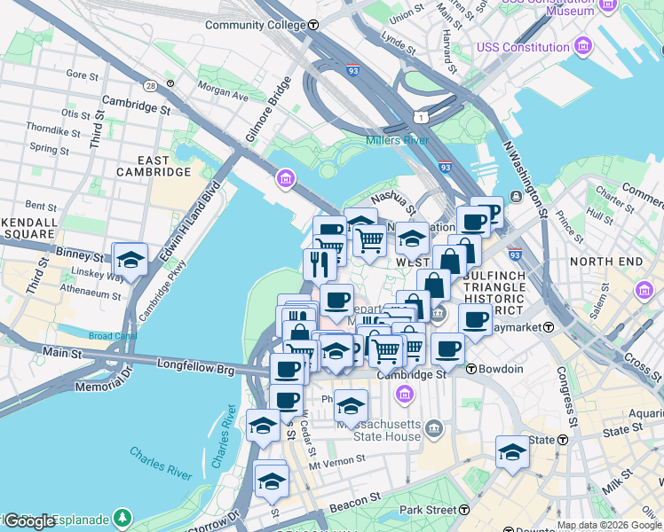 map of restaurants, bars, coffee shops, grocery stores, and more near Emerson Place in Boston