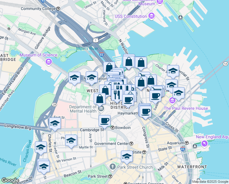 map of restaurants, bars, coffee shops, grocery stores, and more near 109 Causeway Street in Boston