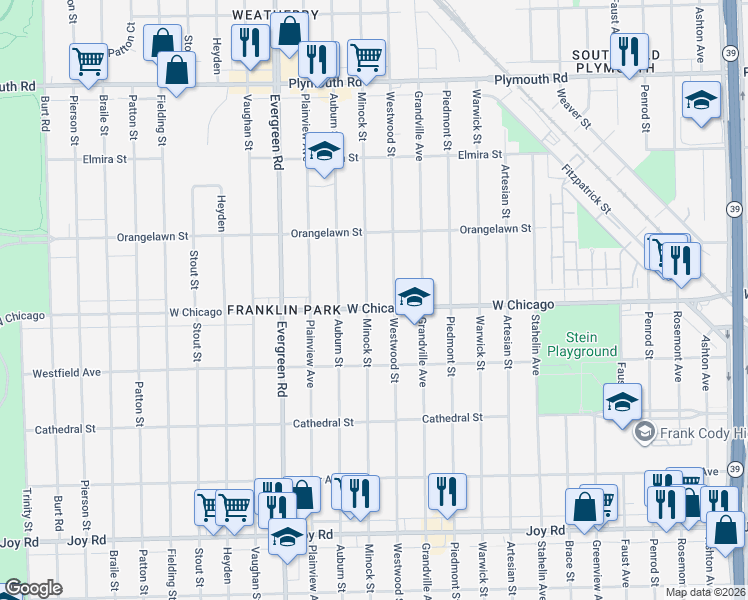 map of restaurants, bars, coffee shops, grocery stores, and more near 19439 West Chicago in Detroit