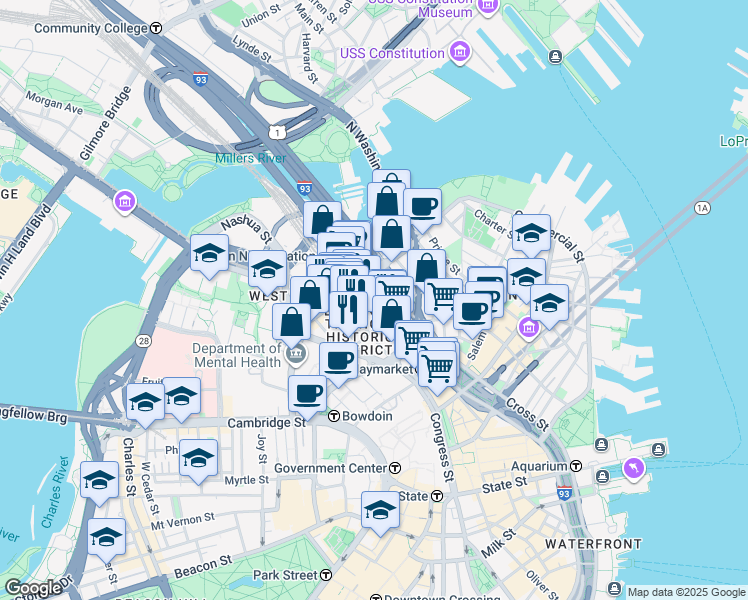 map of restaurants, bars, coffee shops, grocery stores, and more near 101 Canal Street in Boston