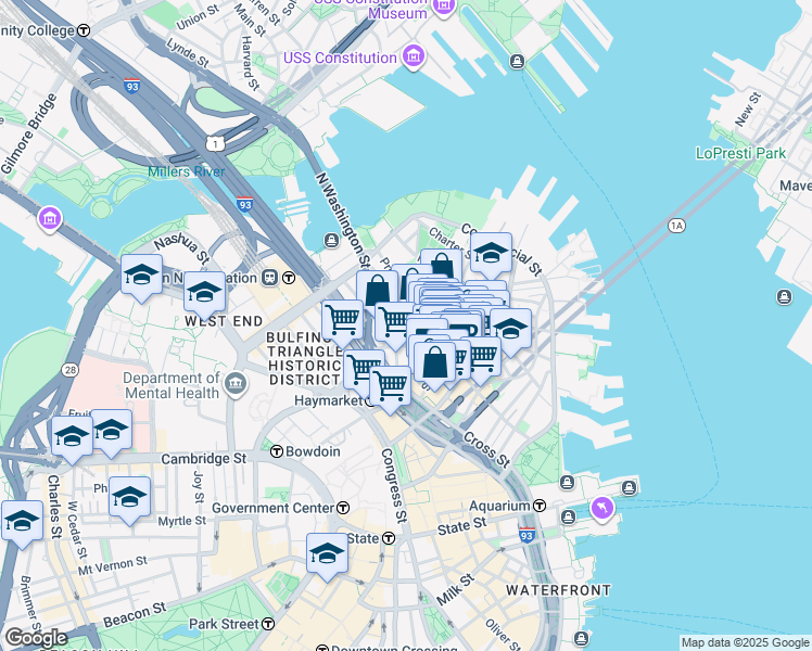 map of restaurants, bars, coffee shops, grocery stores, and more near 21 Cooper Street in Boston