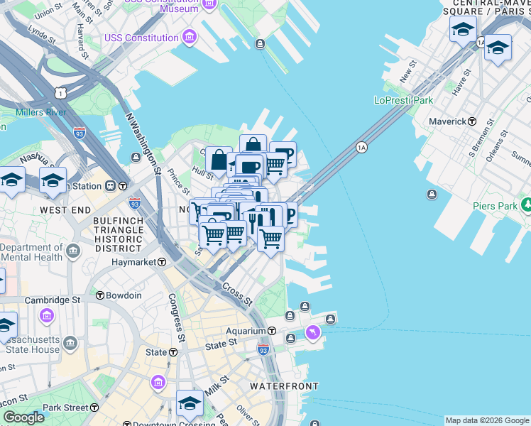 map of restaurants, bars, coffee shops, grocery stores, and more near 44 Clark Street in Boston