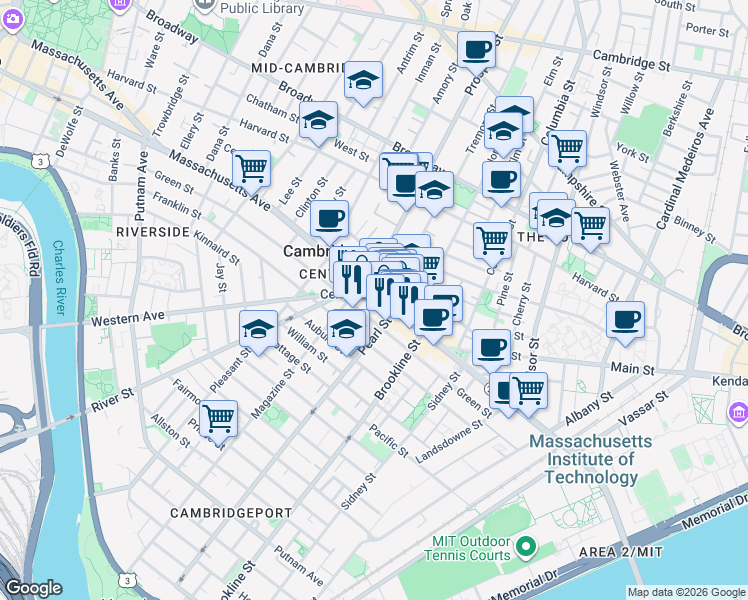 map of restaurants, bars, coffee shops, grocery stores, and more near in Cambridge