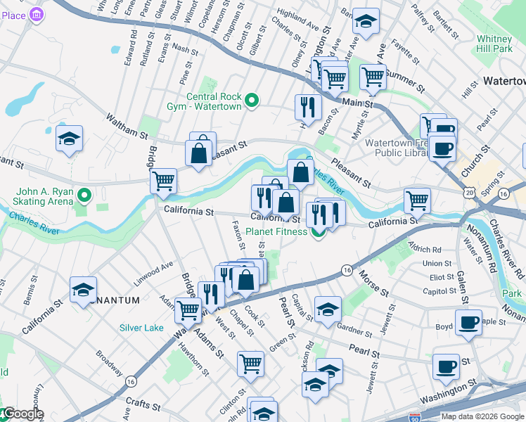 map of restaurants, bars, coffee shops, grocery stores, and more near 237 California Street in Newton