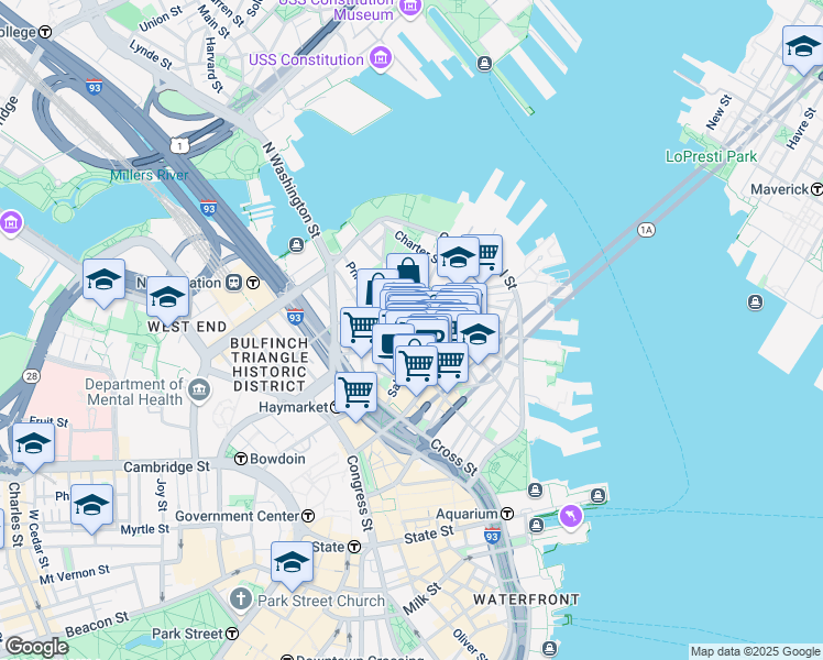map of restaurants, bars, coffee shops, grocery stores, and more near 68 Prince Street in Boston