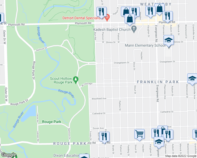 map of restaurants, bars, coffee shops, grocery stores, and more near 9528 Burt Road in Detroit