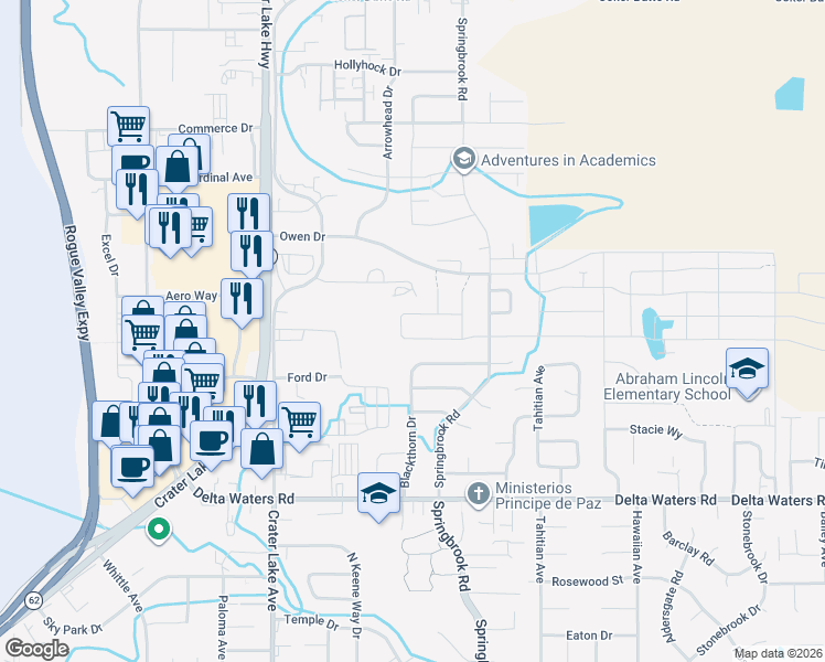 map of restaurants, bars, coffee shops, grocery stores, and more near 3240 Ford Drive in Medford