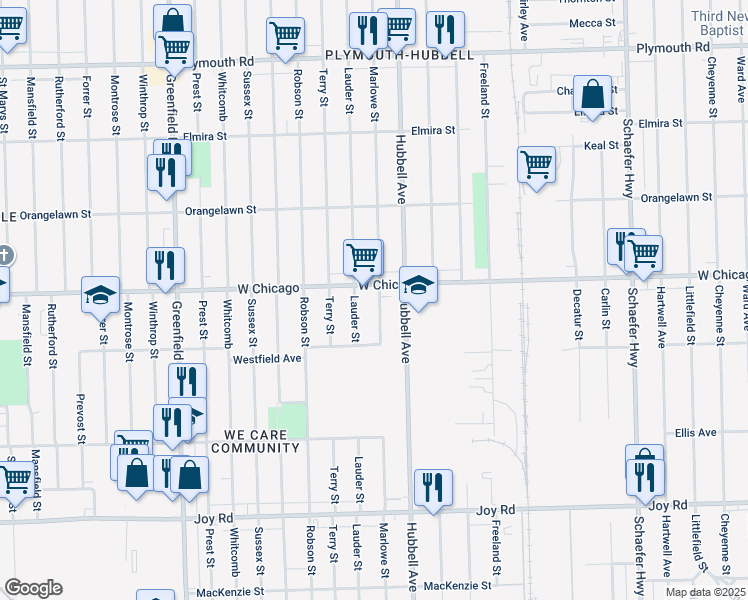 map of restaurants, bars, coffee shops, grocery stores, and more near 9386 Marlowe Street in Detroit