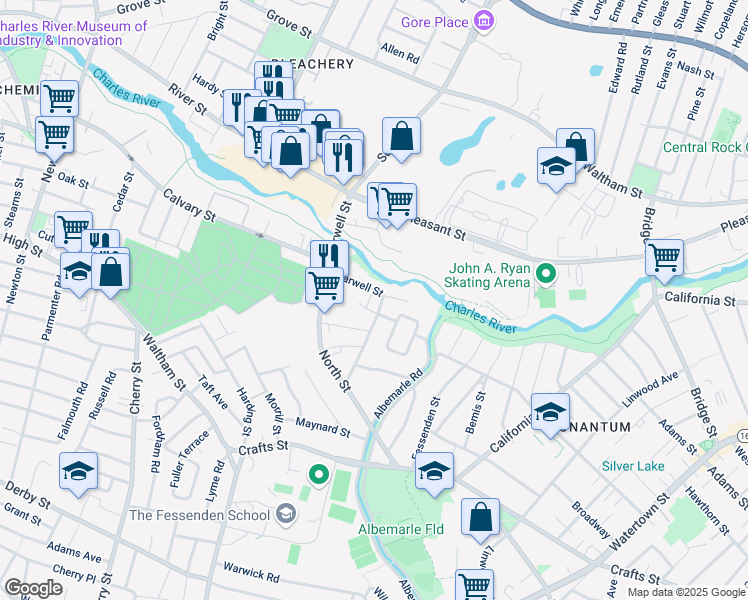 map of restaurants, bars, coffee shops, grocery stores, and more near 55 Farwell Street in Newton