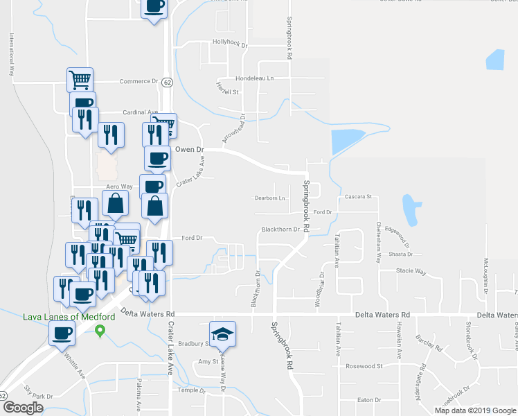 map of restaurants, bars, coffee shops, grocery stores, and more near 3240 Ford Drive in Medford