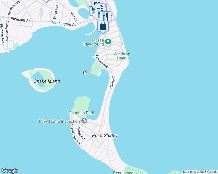 map of restaurants, bars, coffee shops, grocery stores, and more near 825 Shirley Street in Winthrop