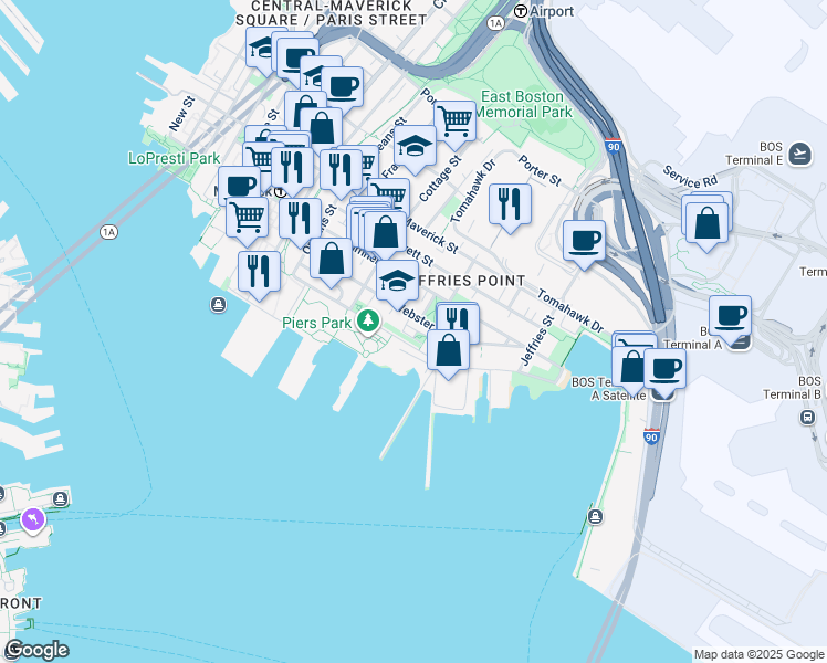map of restaurants, bars, coffee shops, grocery stores, and more near 214 Marginal Street in Boston