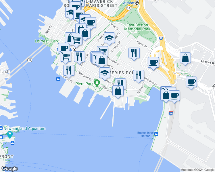 map of restaurants, bars, coffee shops, grocery stores, and more near 214 Marginal Street in Boston