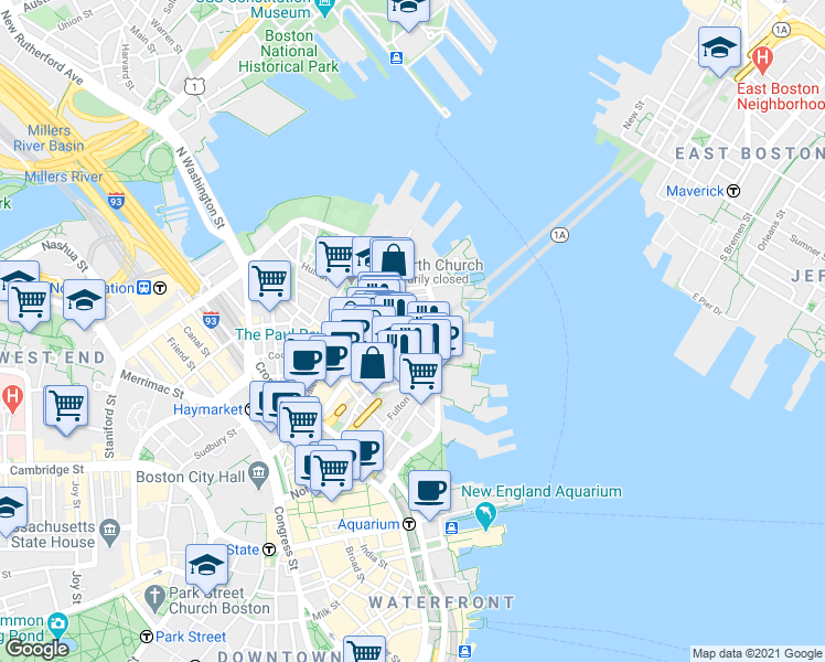 map of restaurants, bars, coffee shops, grocery stores, and more near 302-304 North Street in Boston