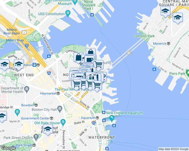map of restaurants, bars, coffee shops, grocery stores, and more near 302-304 North Street in Boston