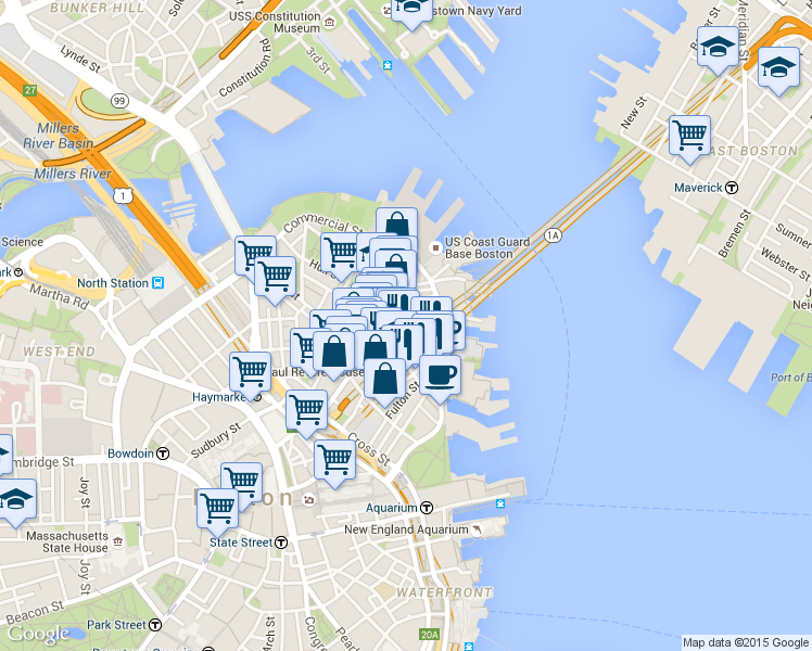 map of restaurants, bars, coffee shops, grocery stores, and more near 302-304 North Street in Boston