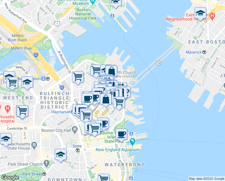 map of restaurants, bars, coffee shops, grocery stores, and more near 302-304 North Street in Boston