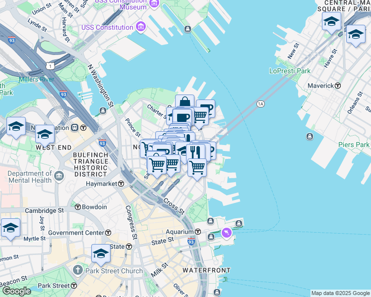 map of restaurants, bars, coffee shops, grocery stores, and more near 302-304 North Street in Boston