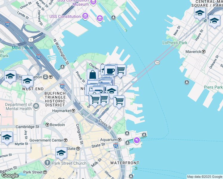 map of restaurants, bars, coffee shops, grocery stores, and more near 15-17 North Square in Boston