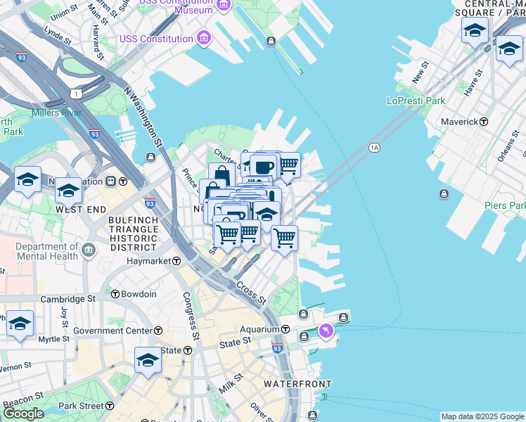 map of restaurants, bars, coffee shops, grocery stores, and more near 15-17 North Square in Boston