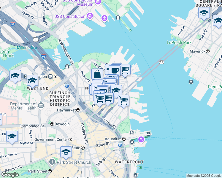 map of restaurants, bars, coffee shops, grocery stores, and more near 15-17 North Square in Boston