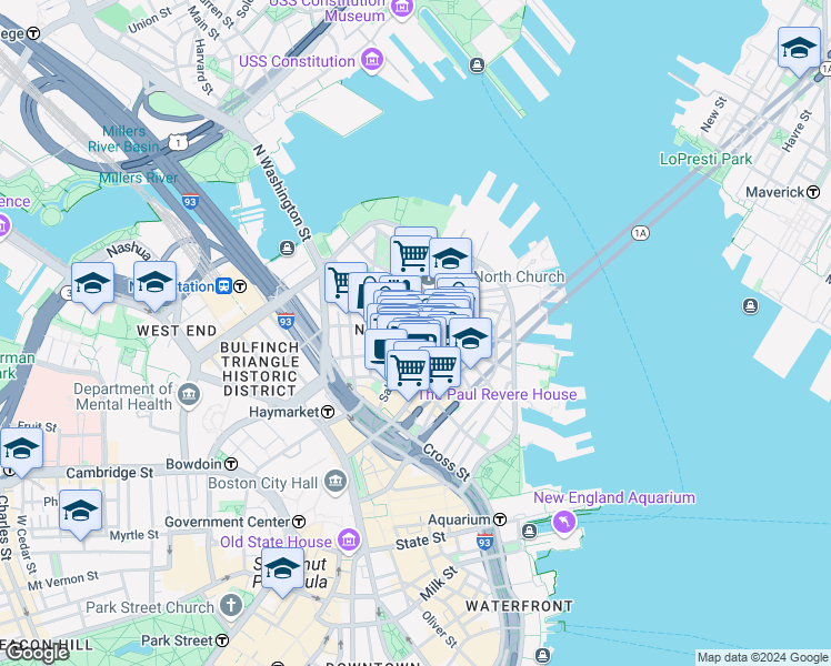 map of restaurants, bars, coffee shops, grocery stores, and more near 68 Prince Street in Boston