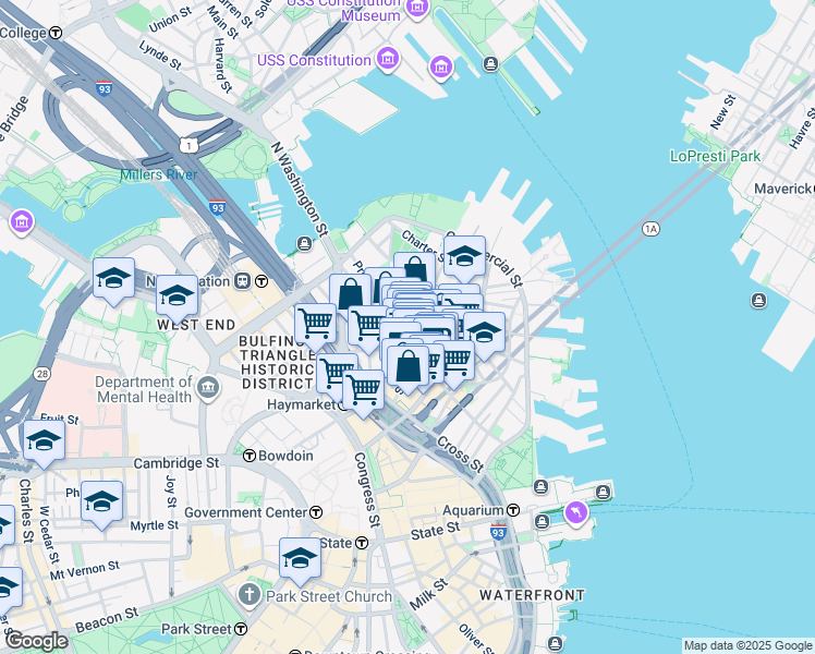 map of restaurants, bars, coffee shops, grocery stores, and more near 21 Cooper Street in Boston