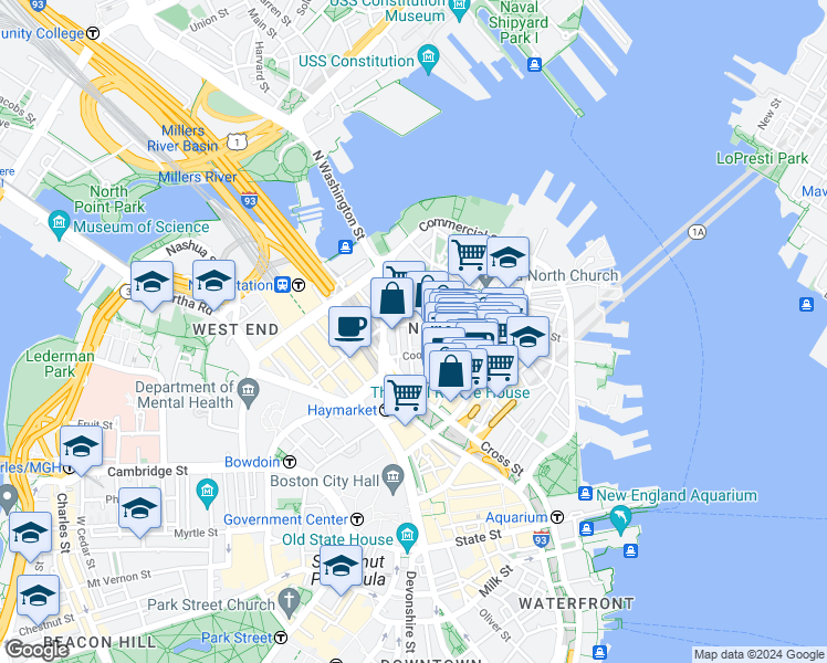 map of restaurants, bars, coffee shops, grocery stores, and more near 21 Cooper Street in Boston