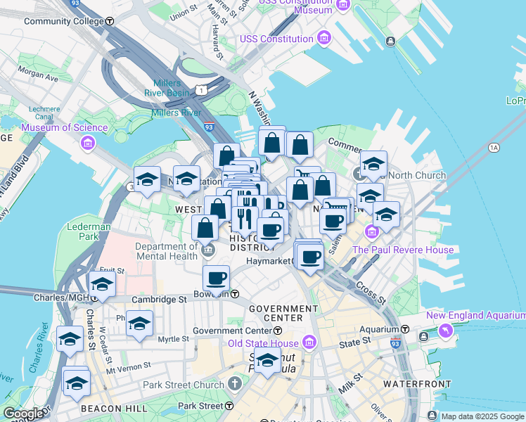 map of restaurants, bars, coffee shops, grocery stores, and more near in Boston