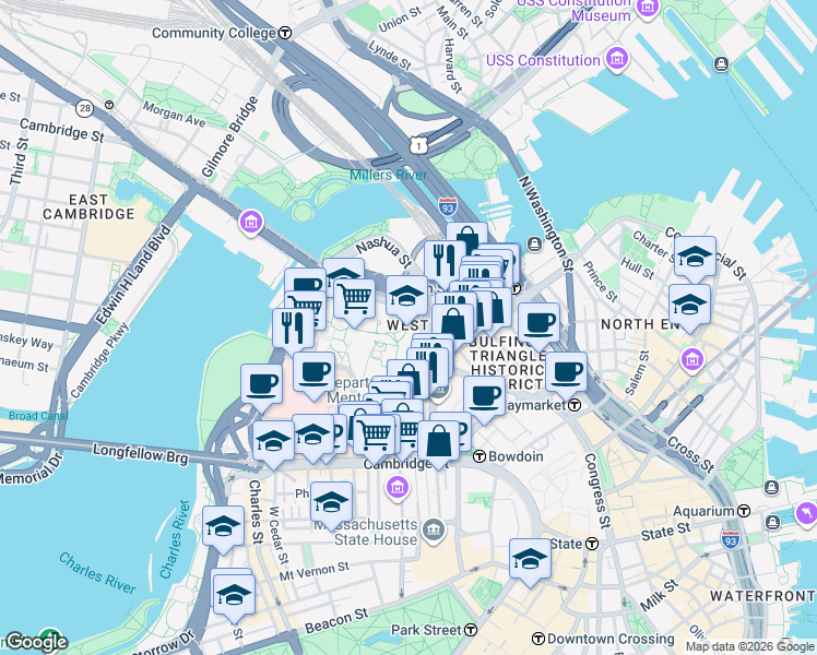 map of restaurants, bars, coffee shops, grocery stores, and more near 10 Hawthorne Place in Boston
