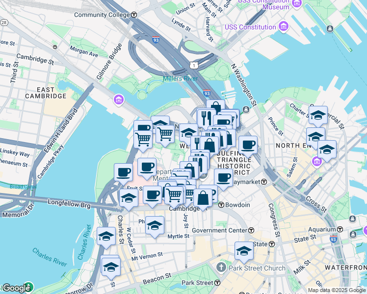 map of restaurants, bars, coffee shops, grocery stores, and more near 10 Hawthorne Place in Boston