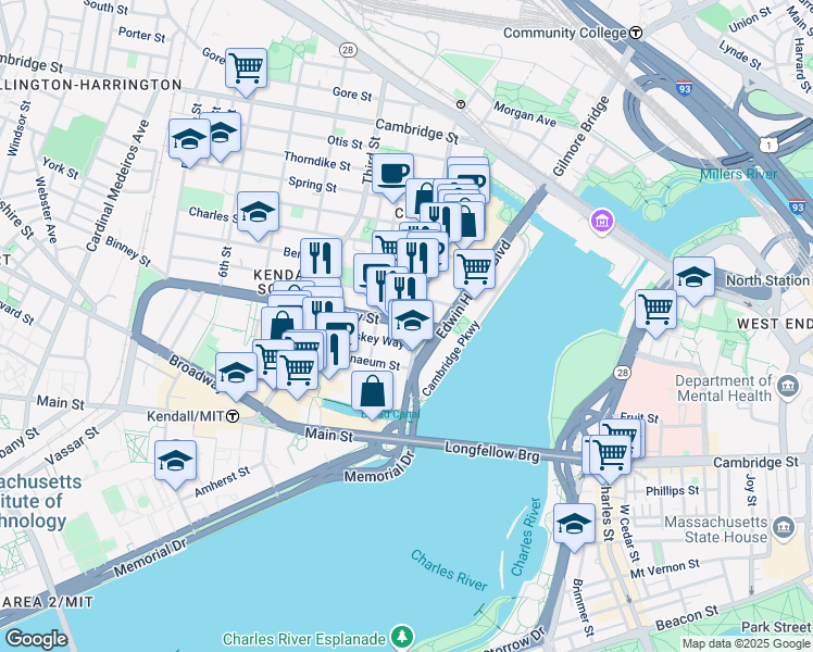 map of restaurants, bars, coffee shops, grocery stores, and more near 215 First Street in Cambridge